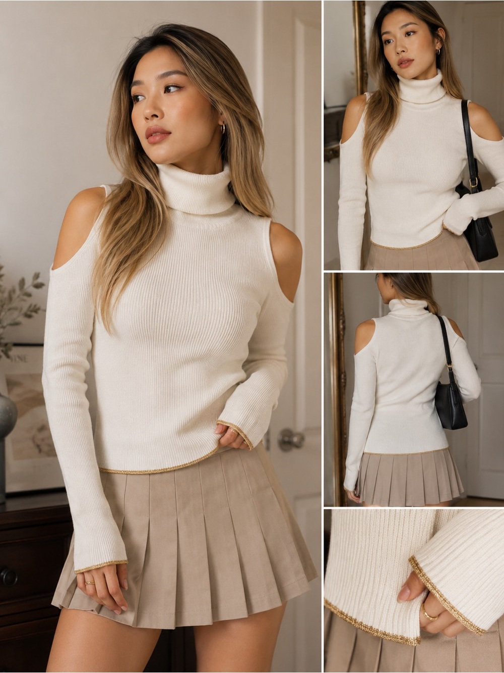 Zara Cream Cold-Shoulder Turtleneck Sweater with Gold Trim